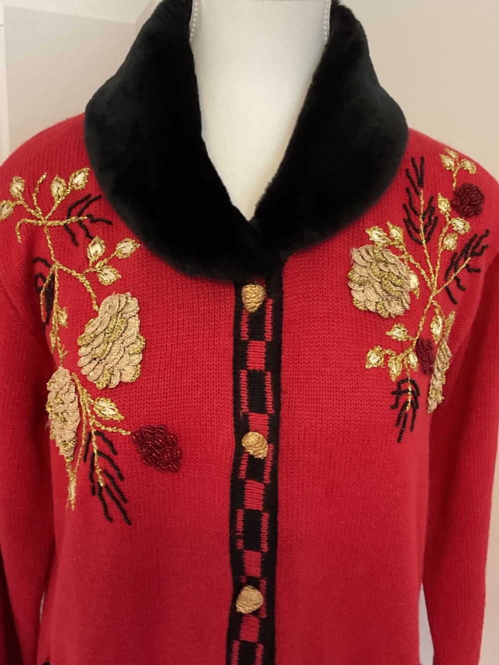 ✨ Rare Vintage Storybook Knits Cardigan Faux Fur Collar - size S - Picture 2 of 12